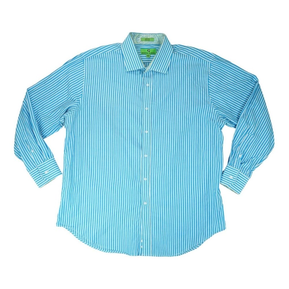 Bristol & Bull Shirt Mens 2XL 18-18.5 - 34/35 Long Sleeve Button Up Blue Stripe‎